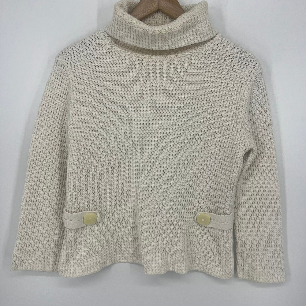 Willow Womens Cream Waffle Knit Turtleneck Sweater Button Detail Size M Vtg